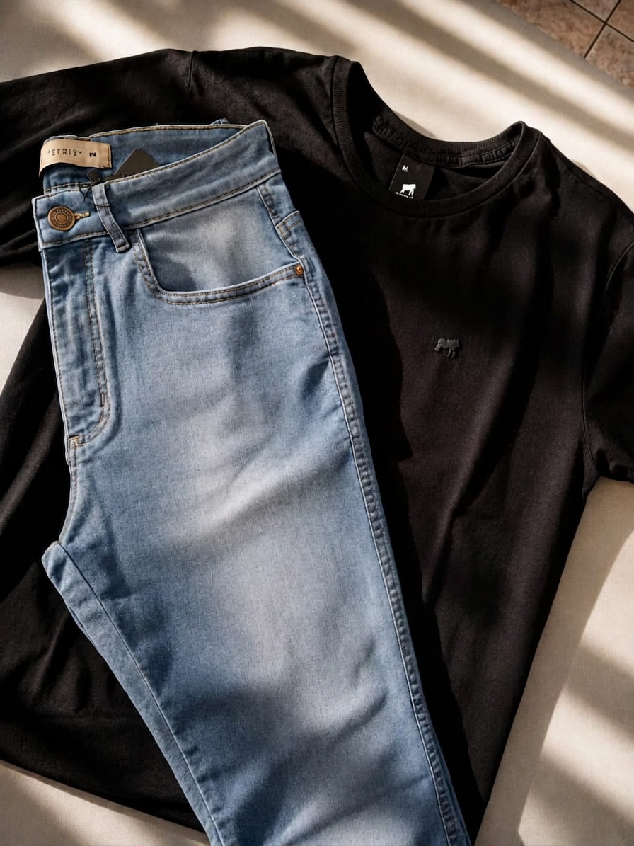 Modelo vestindo Preta + Jeans Claro