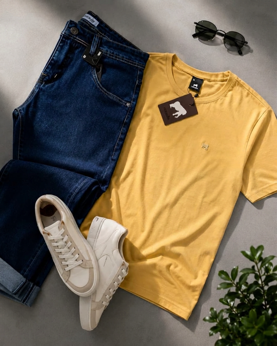 Modelo vestindo Mostarda + Jeans Escuro