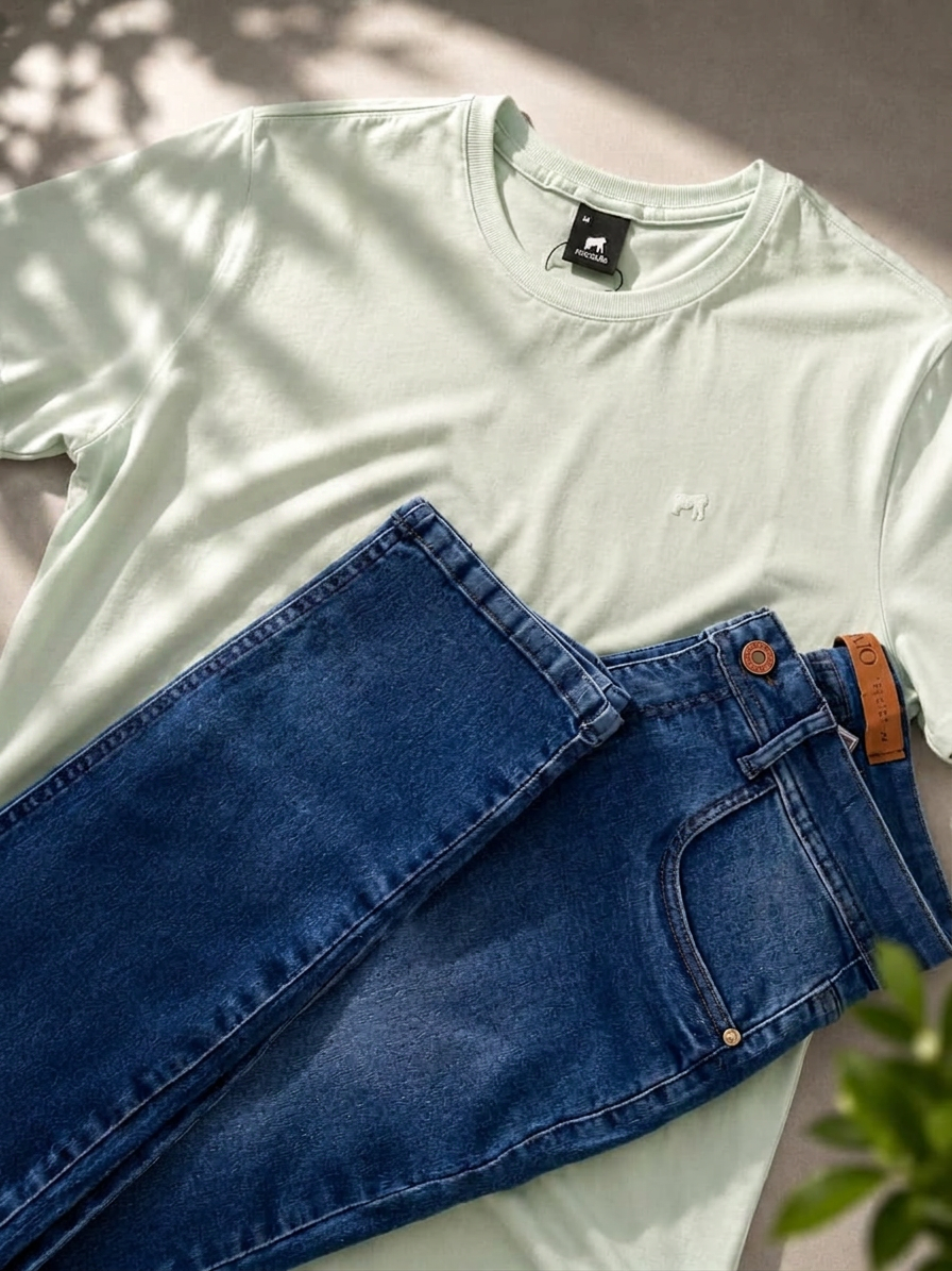 Modelo vestindo Verde Menta + Jeans Médio